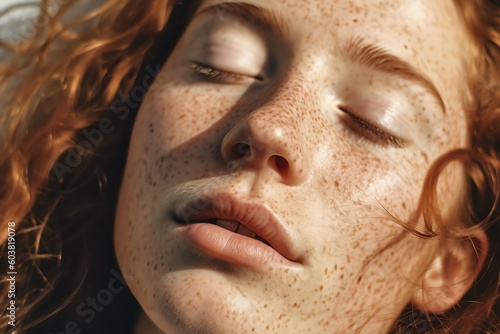 portrait of a sleeping beautiful redhead woman with freckles