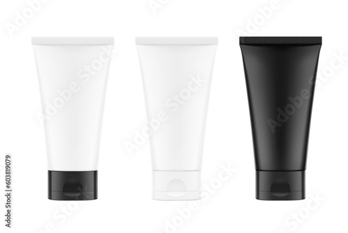White and black plastic tube mockup with flip top cap. Vector illustration isolated on white background. Can be use for your design, advertising, promo and etc. EPS10.