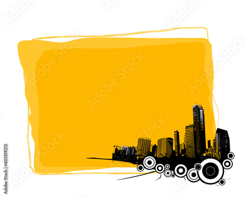 Yellow board with silhouette of city in the corner. Vector