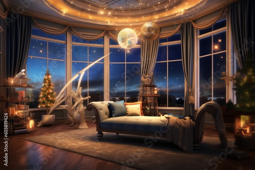 luxury room with Christmas tree and winter night view