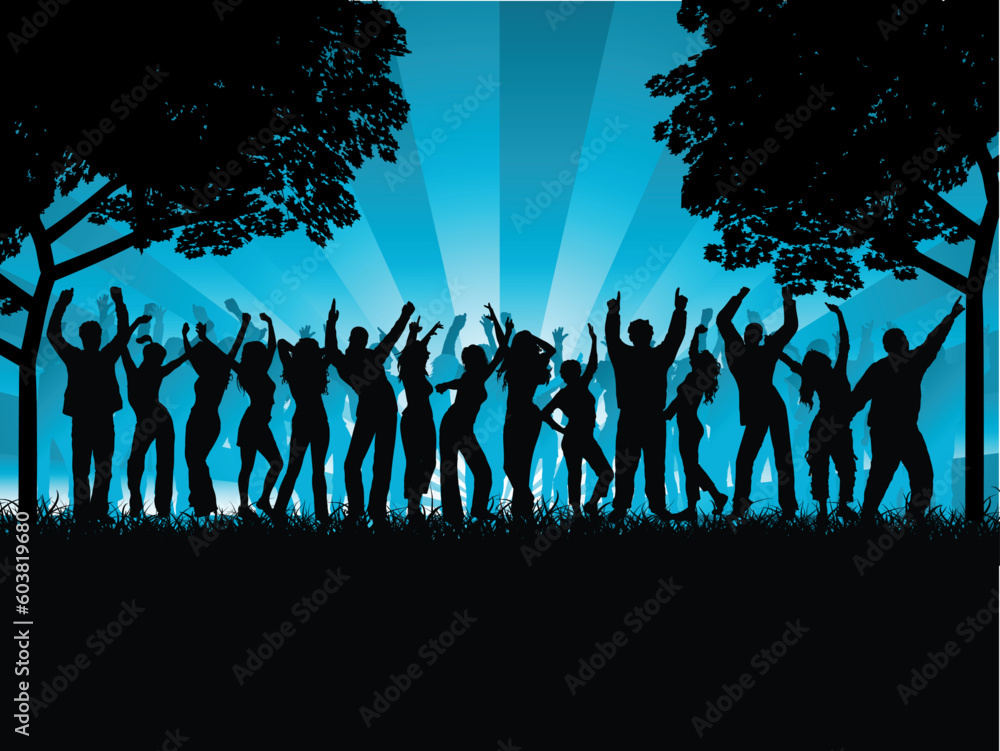 Silhouettes of lots of people dancing outdoors Silhouettes of lots of people dancing outdoors