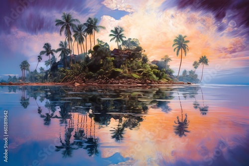 tropical island with palm trees sunset and reflection in water