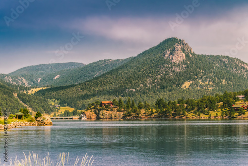 Estes Lake near Estes Park, Colorado, in summer; mountain ridge of Rocky Mountains in background