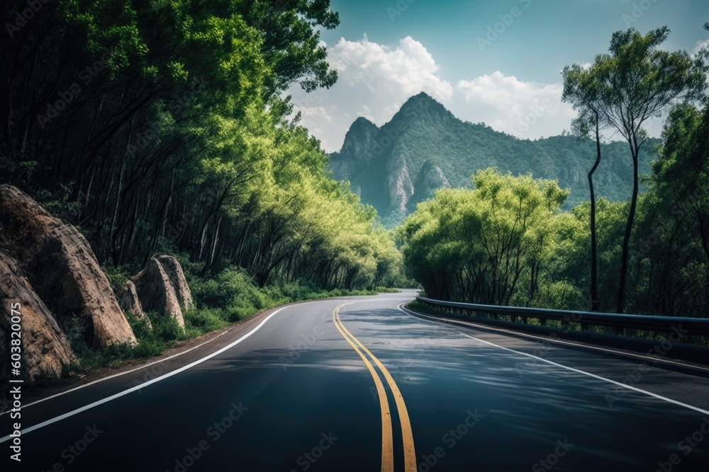 scenic road with a majestic mountain landscape in the background. Generative AI scenic road with a majestic mountain landscape in the background. Generative AI