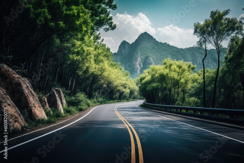 scenic road with a majestic mountain landscape in the background. Generative AI