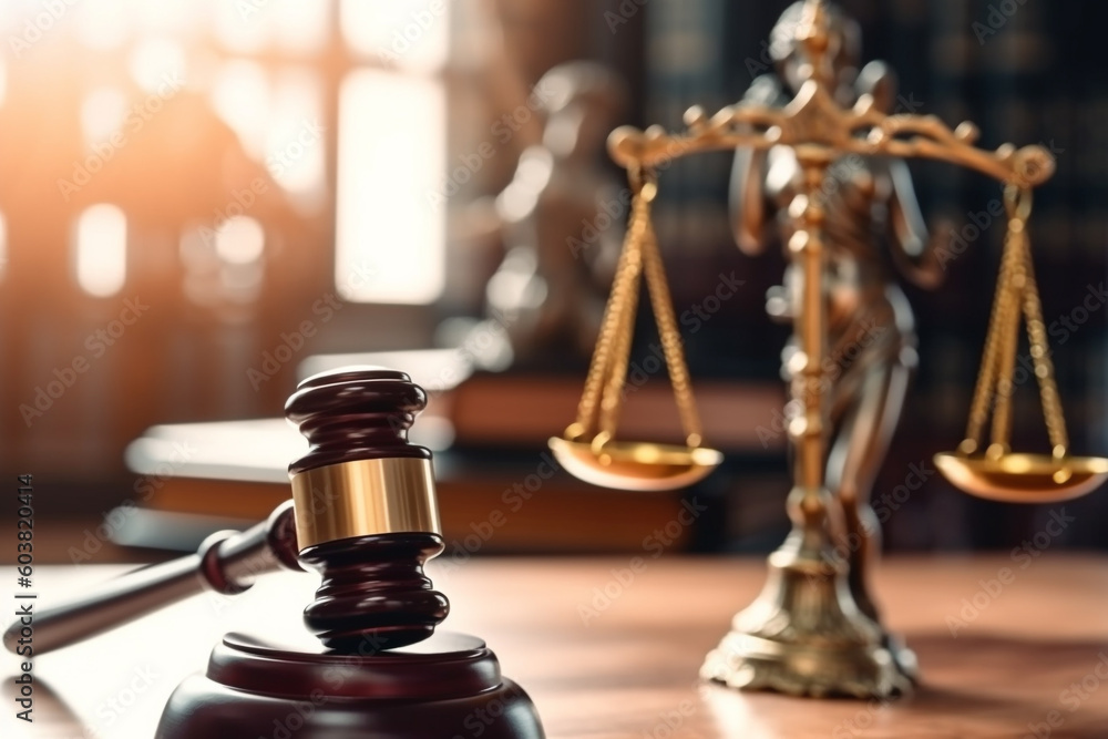 Close up of gavel and mallet with justice scale on top of table. Generative AI Close up of gavel and mallet with justice scale on top of table. Generative AI