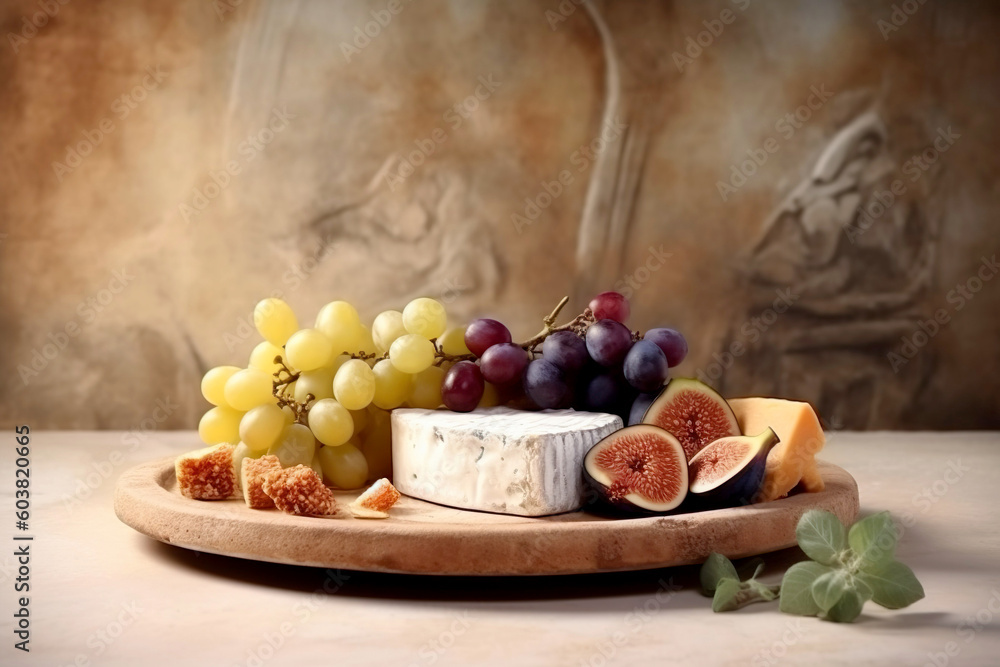 Cheese plate with soft cheese of brie and camembert served with grapes and figs. Italian and French cheeses. Generative AI Cheese plate with soft cheese of brie and camembert served with grapes and figs. Italian and French cheeses. Generative AI