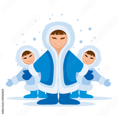 Smiling eskimo people group meeting in snow vector illustration