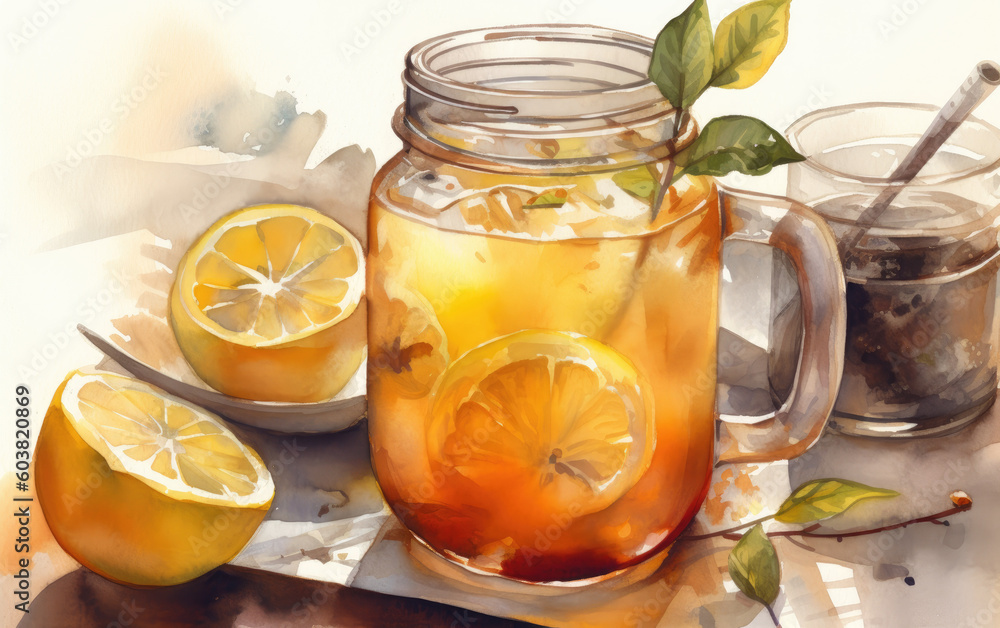watercolor of lemon iced tea created with Generative AI technology watercolor of lemon iced tea created with Generative AI technology