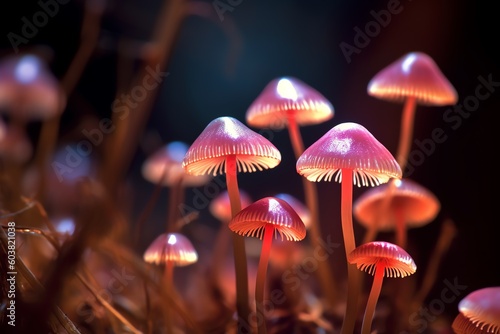Magic Mushrooms, Glowing mushrooms in the night forest, AI generated