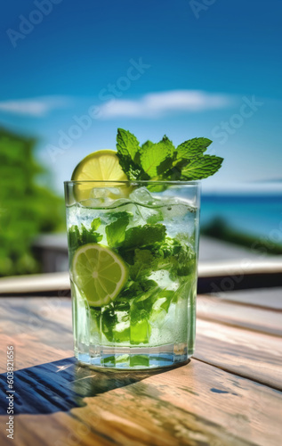 fresh short Mojito glass Cocktail on the beach in sunny day created with Generative AI technology