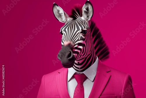 Portrait of zebra wearing pink business suit, Businessman in the office, Generative AI  photo