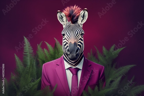 Portrait of zebra wearing pink business suit  Businessman in the office  Generative AI 
