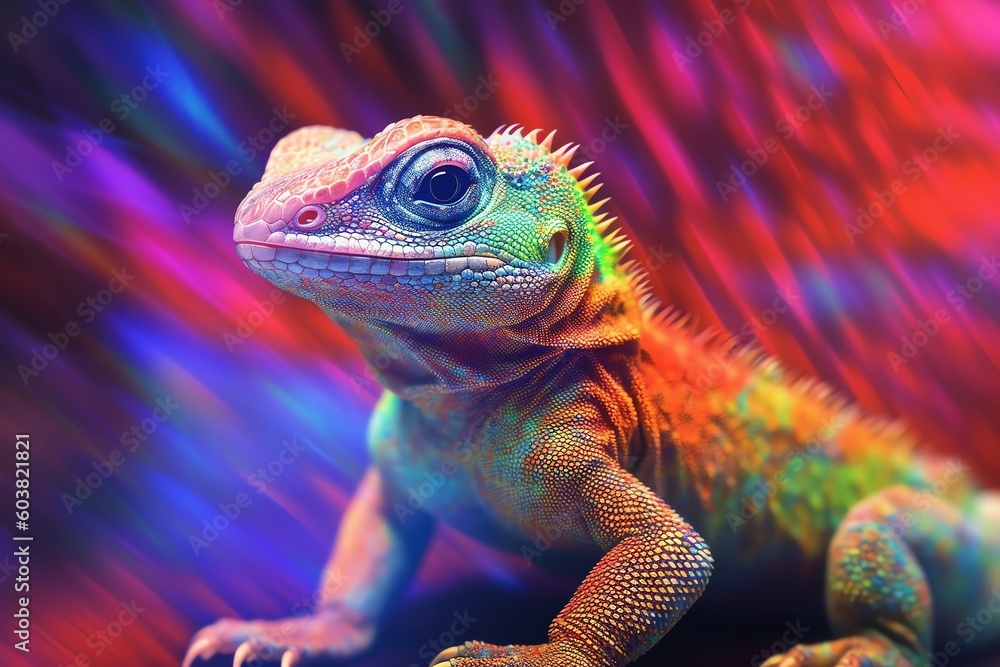 Fototapeta premium iguana on color lights background