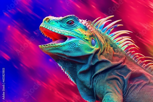 portrait of a iguana on colorful lights background