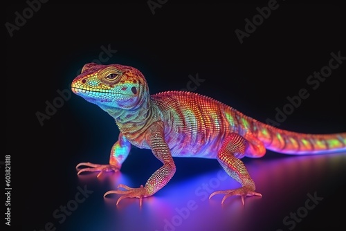 portrait of a iguana on colorful lights background