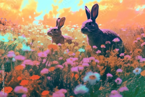 bunny in the meadow, psychic waves. Generative AI