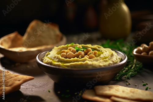 Close up of Middle eastern hummus, spread mashed chickpeas and fava beans. Generative AI