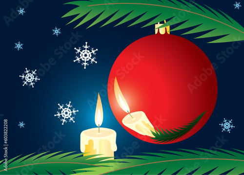 Candle and xmas ball. A christmas card. A vector illustration.