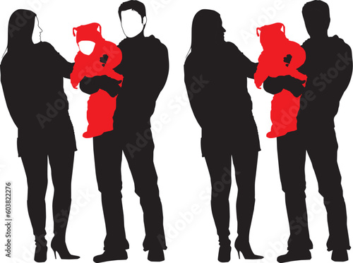 Vector illustration of new happy family. Father holding his child and talking with his beautiful wife