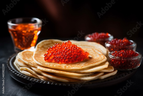 Red Russian caviar on top of blini bread, Russian food. Generative AI