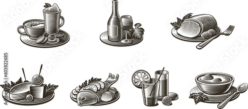 Food vintage icon set. Bottle of wine, dessert with a cup of coffee, meat dish, fish dish, soup, appetizer.
Imitation of engraving style. Retro 