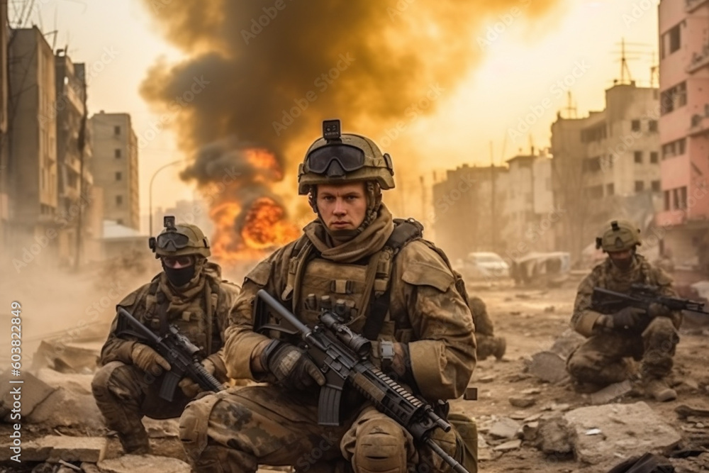 Ukrainian soldiers with weapons on the ruins of a Ukrainian city destroyed by the Russian army, created with Generative AI Technology Ukrainian soldiers with weapons on the ruins of a Ukrainian city destroyed by the Russian army, created with Generative AI Technology