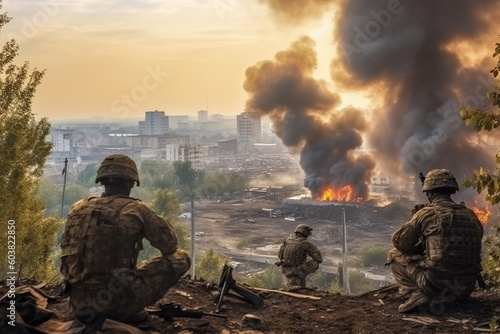 Ukrainian soldiers with weapons on the ruins of a Ukrainian city destroyed by the Russian army, created with Generative AI Technology