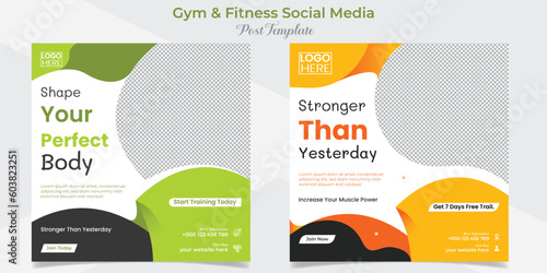 fitness training and gym workout square flyer post banner and social media post template design package