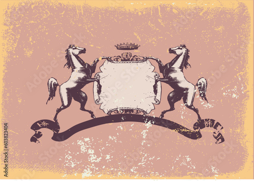 An heraldic shield or badge with stylized horse on it. Grunge background. Vector illustration.