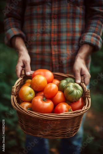 Man Holding Fresh Tomatoes in a Basket. Generative ai