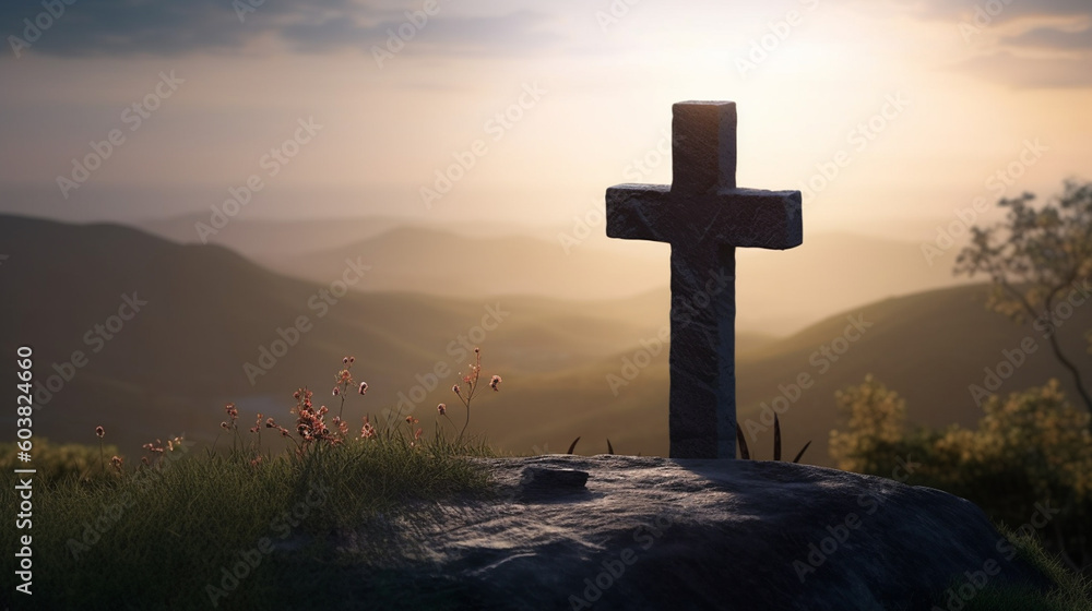 Cross on the hill, at sunrise. Generative AI Cross on the hill, at sunrise. Generative AI
