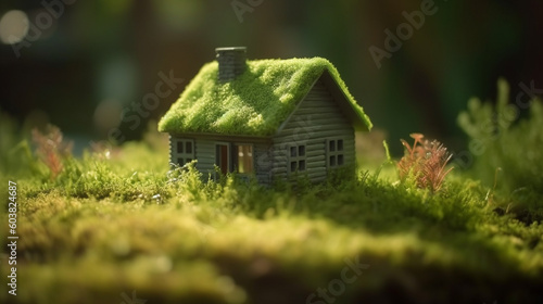 Hut on a green field covered with grass. Generative AI