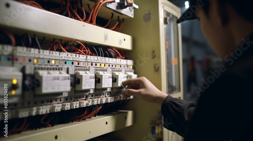 An electrician works with an electric cable. Generative AI