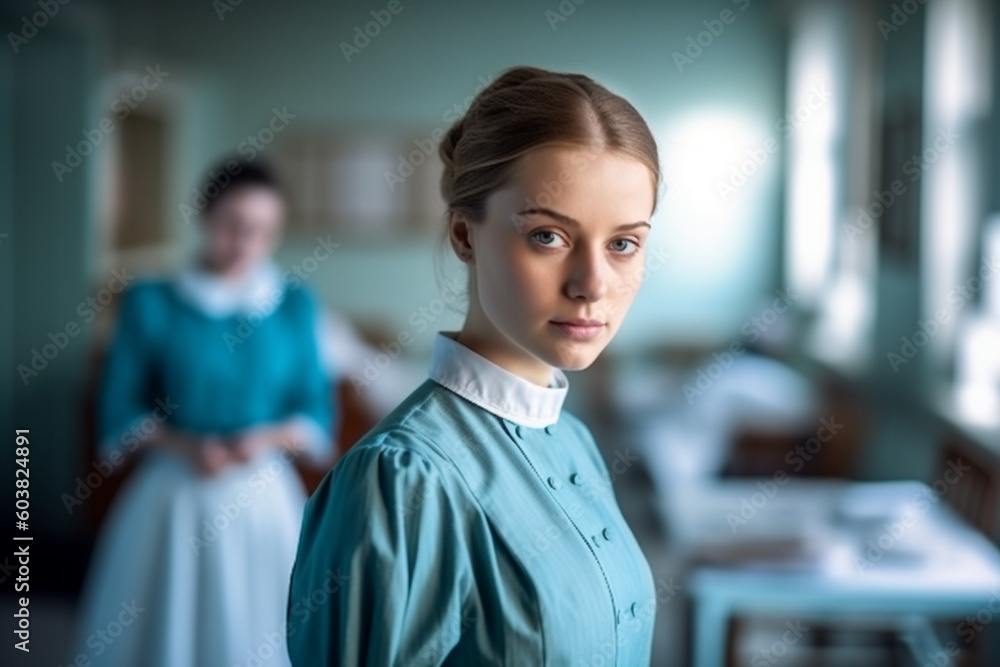 female nurse of 19th century in hospital in day time, created with Generative AI Technology female nurse of 19th century in hospital in day time, created with Generative AI Technology