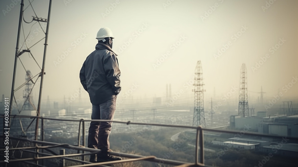 A man in a helmet at the electric towers. Generative AI A man in a helmet at the electric towers. Generative AI