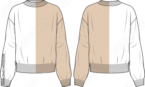 Women's Bicolour Mock Neck Jumper. Technical fashion illustration. Front and back, colored. Women's CAD mock-up.