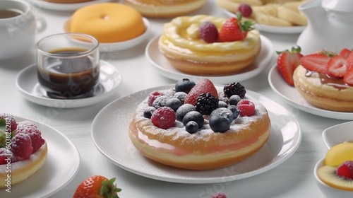 Berries and fruits with pancakes for breakfast. Generative AI
