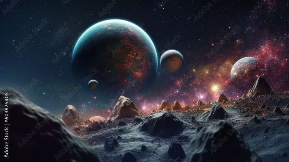 View from a lifeless planet to space and planets. Generative AI