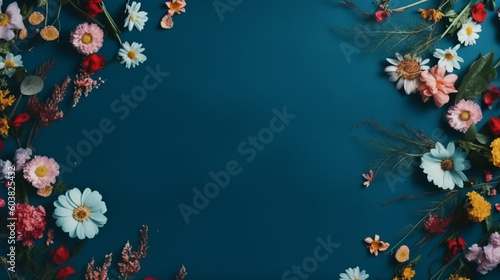 Flowers on a blue table. Generative AI