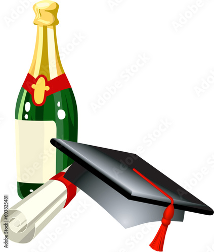 Graduation celebration related items; mitre cap, champagne and diploma, in vector file each is on a different layer for easy positioning