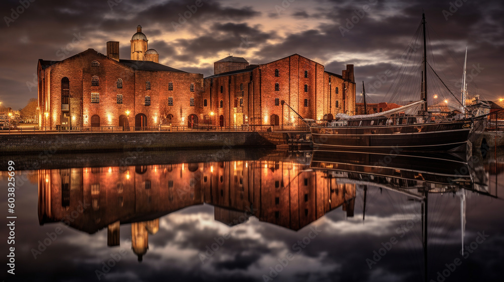 sixteeth century sea docks during dusk, moored ships, vivid colours and reflections on the water,  Created using generative AI tools.