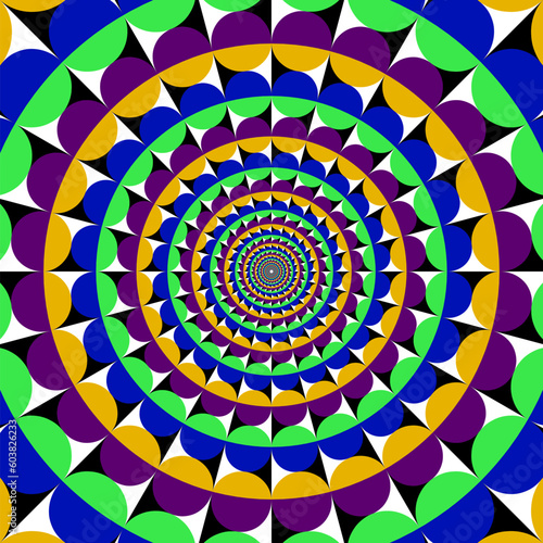 Optical illusion circular pattern of many colorful circles. Vibrating festive background design.
