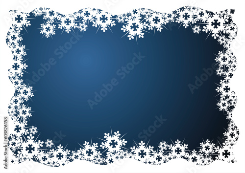 White snow crystals frame over blue background