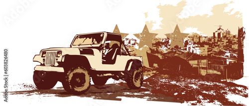 vector   illustration of stilyzed vintage military vehicle on the grunge urban background photo