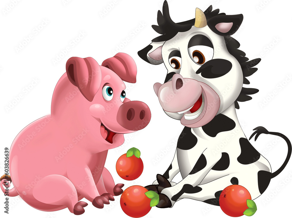 cheerful cartoon scene with funny looking cow calf and pig playing together illustration for kids cheerful cartoon scene with funny looking cow calf and pig playing together illustration for kids