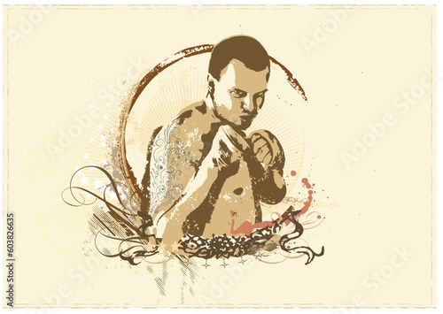 Vector insignia .     Young man with fists up  -  Boxing
