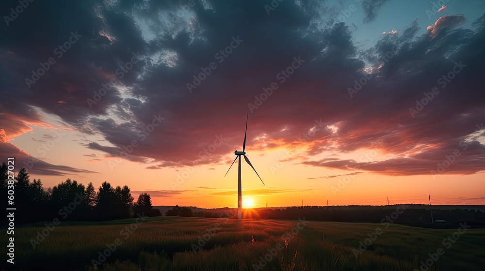 Obraz premium Earth Day. Low angle shot of a single wind turbine framed by the colorful clouds of a dramatic sunset, progress and sustainability. Generative ai