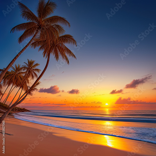 Palm trees on the sandy shore of a tropical island during sunset, Generative AI.