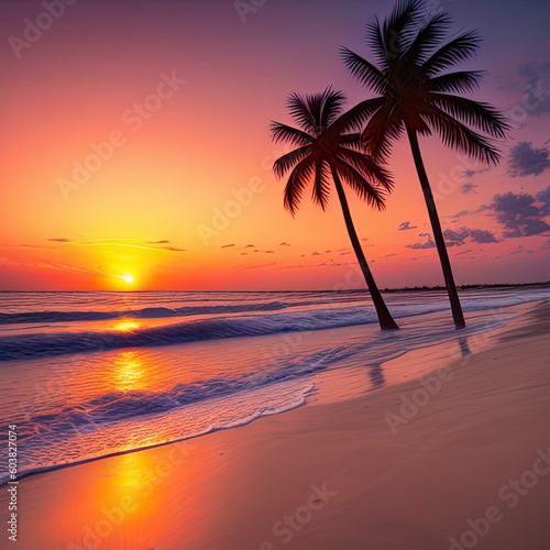 Calm sea waves crashing on the sandy shore of a tropical island during sunset, Generative AI.